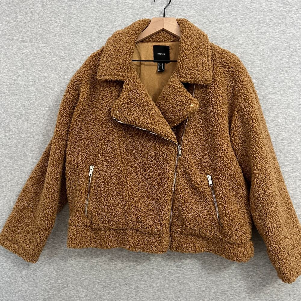 Forever 21 Jacket Womens Medium Brown Pile Fleece Moto Teddy‎ Bear Pockets Cozy